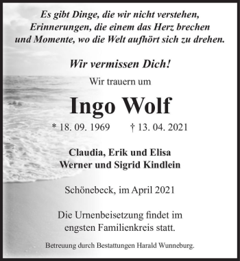 Traueranzeige von Ingo Wolf  von Magdeburger Volksstimme