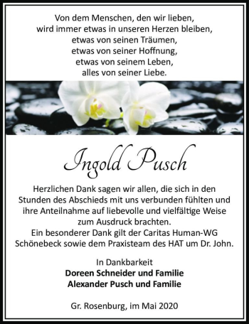 Traueranzeige von Ingold Pusch  von Magdeburger Volksstimme