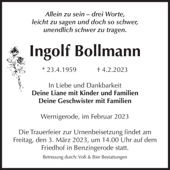 Traueranzeige von Ingolf Bollmann  von Magdeburger Volksstimme