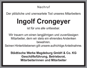 Traueranzeige von Ingolf Crongeyer  von Magdeburger Volksstimme