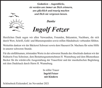 Traueranzeige von Ingolf Fetzer  von Magdeburger Volksstimme