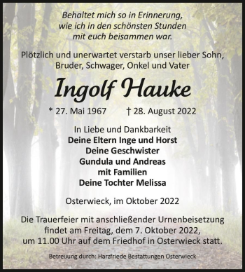 Traueranzeige von Ingolf Hauke  von Magdeburger Volksstimme