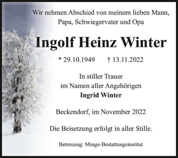 Traueranzeige von Ingolf Heinz Winter  von Magdeburger Volksstimme
