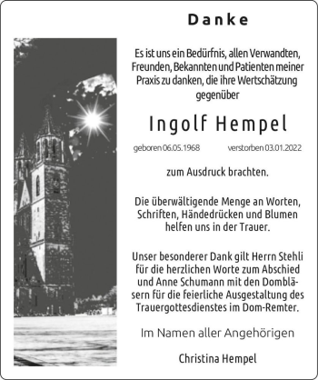 Traueranzeige von Ingolf Hempel  von Magdeburger Volksstimme