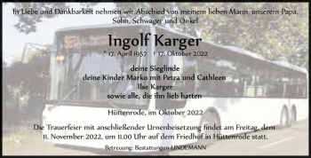 Traueranzeige von Ingolf Karger  von Magdeburger Volksstimme
