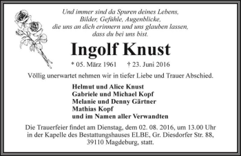 Traueranzeige von Ingolf Knust  von Magdeburger Volksstimme