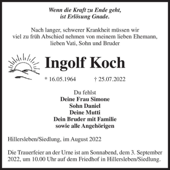 Traueranzeige von Ingolf Koch  von Magdeburger Volksstimme