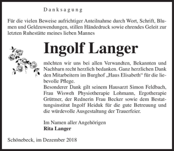 Traueranzeige von Ingolf Langer  von Magdeburger Volksstimme