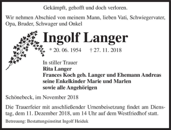 Traueranzeige von Ingolf Langer  von Magdeburger Volksstimme