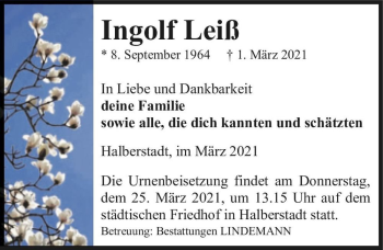 Traueranzeige von Ingolf Leiß  von Magdeburger Volksstimme