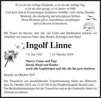 Traueranzeige von Ingolf Linne  von Magdeburger Volksstimme