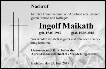 Traueranzeige von Ingolf Maikath  von Magdeburger Volksstimme