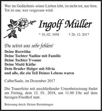 Traueranzeige von Ingolf Müller  von Magdeburger Volksstimme