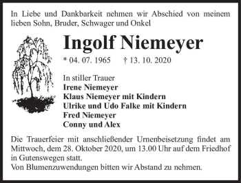 Traueranzeige von Ingolf Niemeyer  von Magdeburger Volksstimme