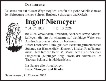 Traueranzeige von Ingolf Niemeyer  von Magdeburger Volksstimme