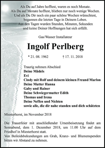 Traueranzeige von Ingolf Perlberg  von Magdeburger Volksstimme