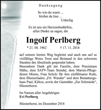 Traueranzeige von Ingolf Perlberg  von Magdeburger Volksstimme