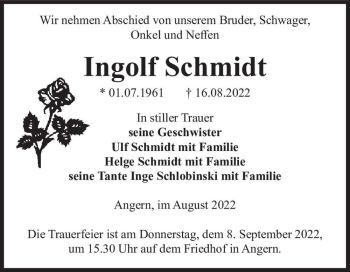 Traueranzeige von Ingolf Schmidt  von Magdeburger Volksstimme