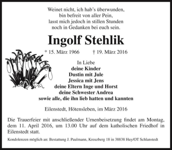 Traueranzeige von Ingolf Stehlik  von Magdeburger Volksstimme