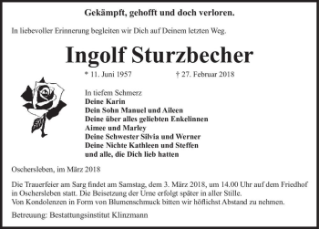 Traueranzeige von Ingolf Sturzbecher  von Magdeburger Volksstimme