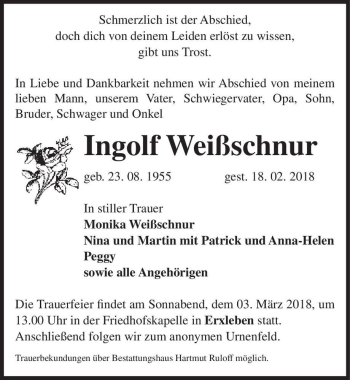 Traueranzeige von Ingolf Weißschnur  von Magdeburger Volksstimme