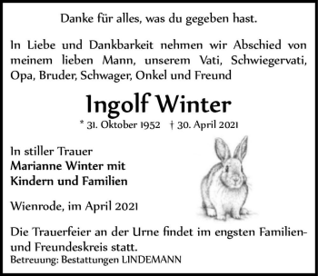 Traueranzeige von Ingolf Winter  von Magdeburger Volksstimme