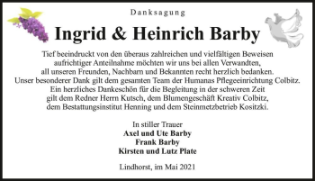 Traueranzeige von Ingrid & Heinrich Barby  von Magdeburger Volksstimme