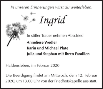 Traueranzeige von Ingrid  von Magdeburger Volksstimme