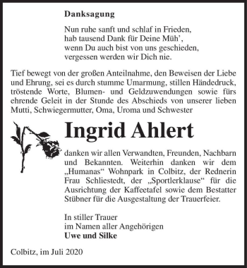 Traueranzeige von Ingrid Ahlert  von Magdeburger Volksstimme