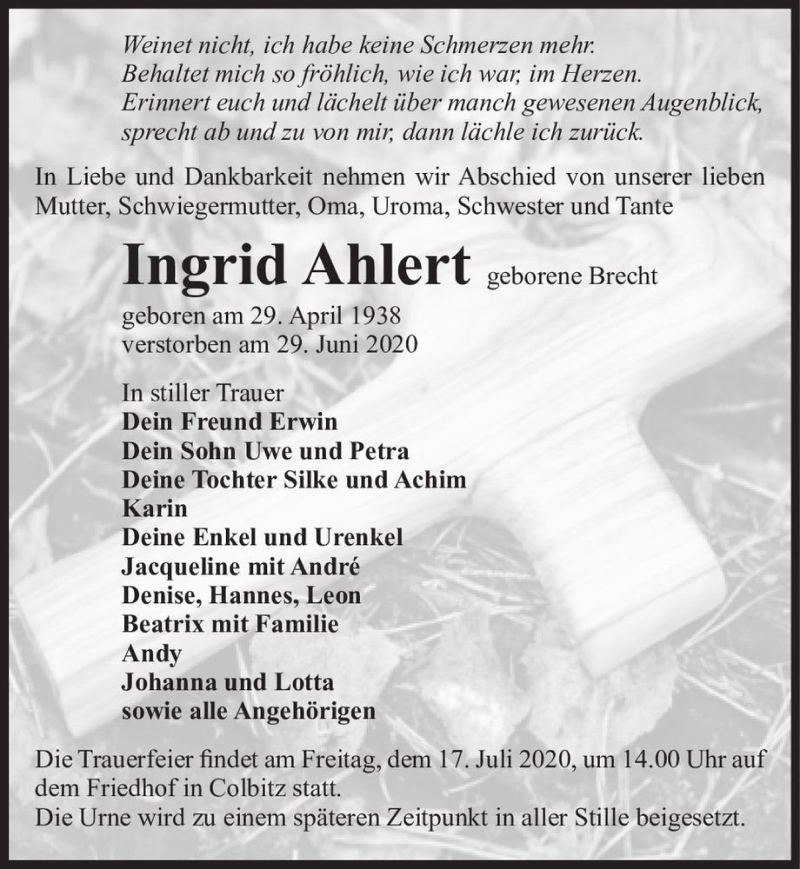  Traueranzeige für Ingrid Ahlert (geb. Brecht)  vom 11.07.2020 aus Magdeburger Volksstimme