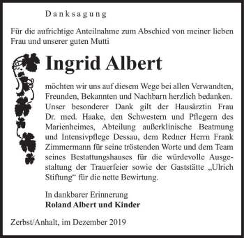 Traueranzeige von Ingrid Albert  von Magdeburger Volksstimme