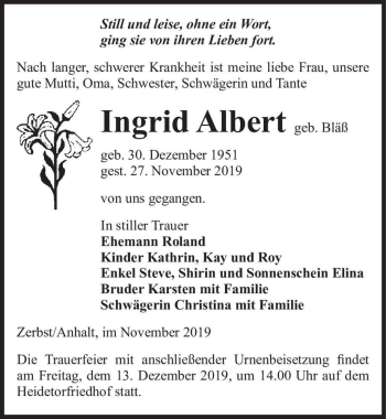 Traueranzeige von Ingrid Albert (geb. Bläß)  von Magdeburger Volksstimme