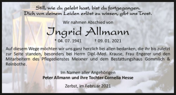 Traueranzeige von Ingrid Allmann  von Magdeburger Volksstimme