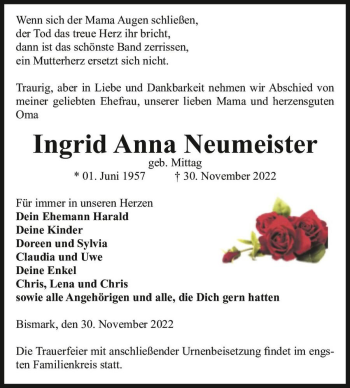 Traueranzeige von Ingrid Anna Neumeister (geb. Mittag)  von Magdeburger Volksstimme