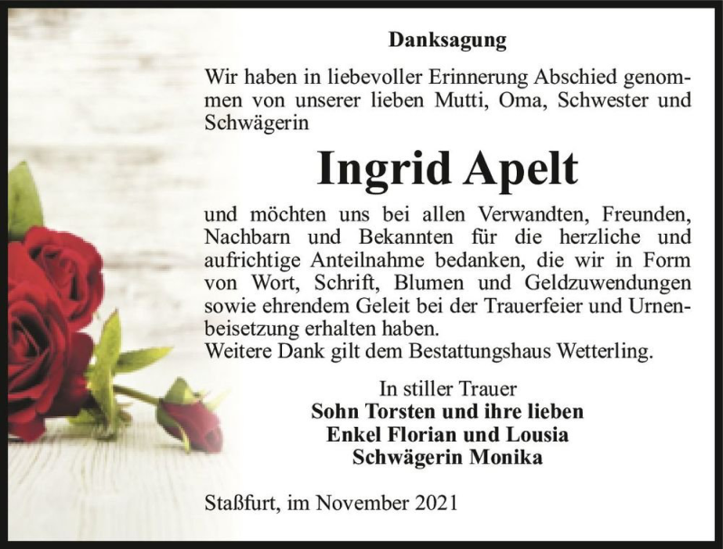 Traueranzeige für Ingrid Apelt  vom 27.11.2021 aus Magdeburger Volksstimme