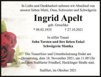 Traueranzeige von Ingrid Apelt (geb. Groschke)  von Magdeburger Volksstimme