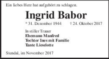 Traueranzeige von Ingrid Babor  von Magdeburger Volksstimme