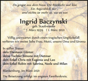 Traueranzeige von Ingrid Baczynski (geb. Staubwasser)  von Magdeburger Volksstimme
