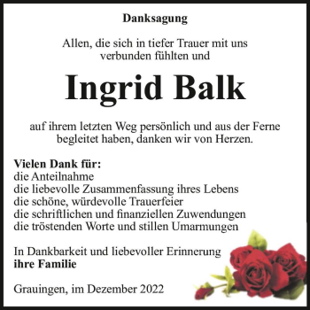 Traueranzeige von Ingrid Balk  von Magdeburger Volksstimme