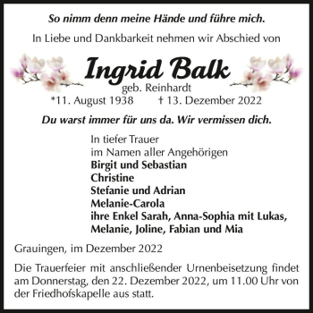 Traueranzeige von Ingrid Balk (geb. Reinhardt)  von Magdeburger Volksstimme