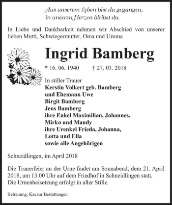 Traueranzeige von Ingrid Bamberg  von Magdeburger Volksstimme