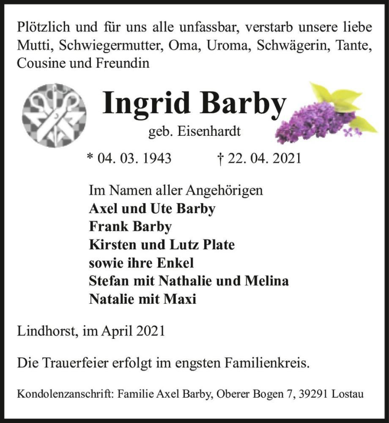  Traueranzeige für Ingrid Barby (geb. Eisenhardt)  vom 30.04.2021 aus Magdeburger Volksstimme
