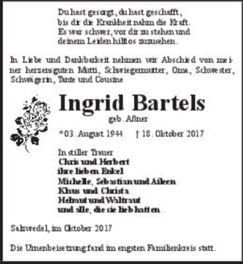 Traueranzeige von Ingrid Bartels (geb. Aßner)  von Magdeburger Volksstimme