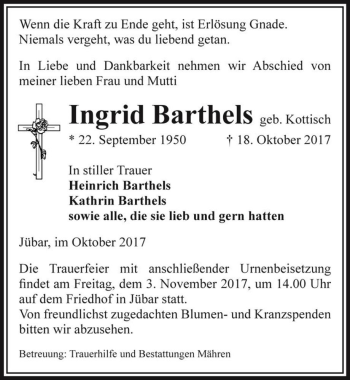 Traueranzeige von Ingrid Barthels (geb. Kottisch)  von Magdeburger Volksstimme