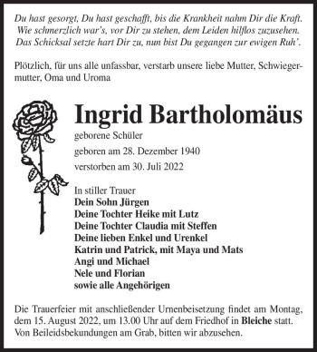 Traueranzeige von Ingrid Bartholomäus (geb. Schüler)  von Magdeburger Volksstimme