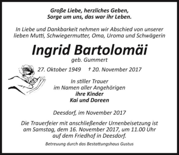 Traueranzeige von Ingrid Bartolomäi (geb. Gummert)  von Magdeburger Volksstimme