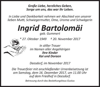 Traueranzeige von Ingrid Bartolomäi (geb. Gummert)  von Magdeburger Volksstimme