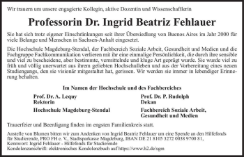 Traueranzeige von Ingrid Beatriz Fehlauer  von Magdeburger Volksstimme