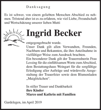 Traueranzeige von Ingrid Becker  von Magdeburger Volksstimme