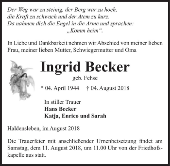 Traueranzeige von Ingrid Becker (geb. Fehse)  von Magdeburger Volksstimme